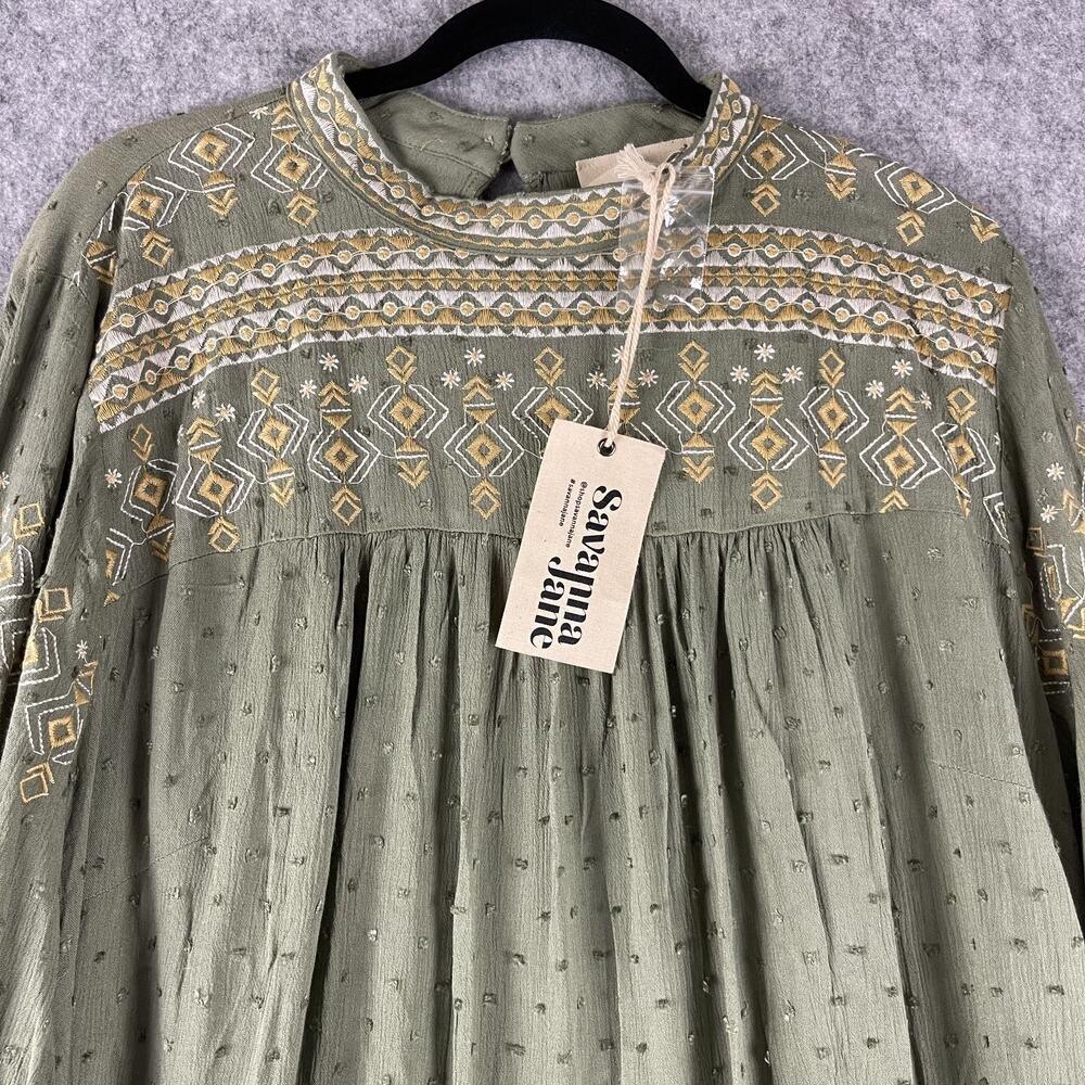 Savanna Jane Top Womens 3X Green Embroidered Peasant Boho Aztec Tribal NEW - Picture 2 of 16